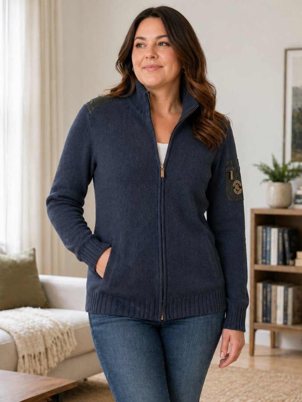 Ralph Lauren Full Zip Ribbed Knit Cardigan Sweater Pocket Arm Patch Plus Size 2X